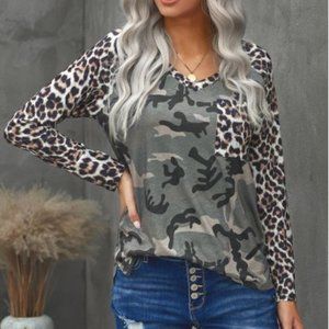 Leopard Camo Print V Neck Long Sleeve Top